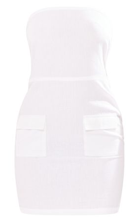 Tall White Faux Linen Bandeau Pocket Shift Dress | PrettyLittleThing CA