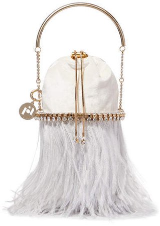 Kingham Mini Embellished Feather-trimmed Velvet Bucket Bag - Ivory