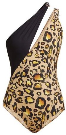 Double Boa One Shoulder Swimsuit - Womens - Leopard