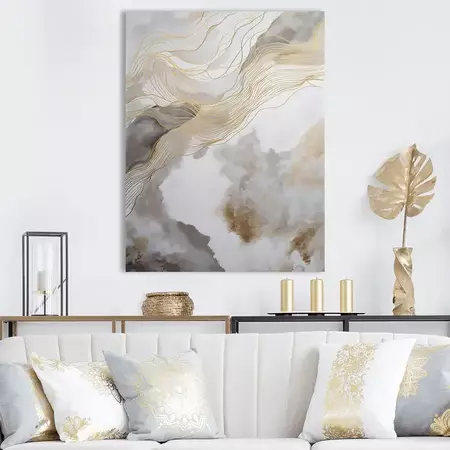 Designart "Gold And Grey Abstracted Line Artistry V" Minimalism Line Art Wall Art Prints - On Sale - Bed Bath & Beyond - 38037178