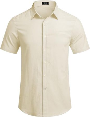 COOFANDY Mens Button Down Short Sleeve Shirt Summer Beach Linen Shirts Breathable Untucked Shirts with Pocket Beige at Amazon Men’s Clothing store