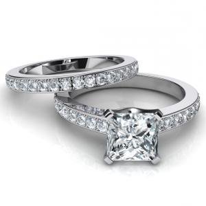 Princess Cut Diamond Tiny Square Diamond Bands Solitaire Wedding Ring Sets | MyShopLah