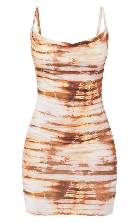Brown Tie Dye Cowl Neck Strappy Bodycon Dress - New In | PrettyLittleThing