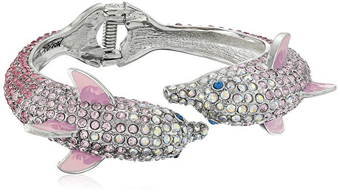 Betsey Johnson "Ocean Drive" Pave Crystal Dolphin Hinged Bangle Bracelet: Clothing