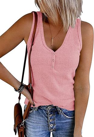 MEROKEETY Womens V Neck Tank Tops Summer Sleeveless Ribbed Button Casual Henley Shirts Lavender at Amazon Women’s Clothing store