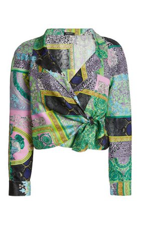 Cropped Patchwork-Print Silk Twill Tie-Front Shirt By Versace | Moda Operandi