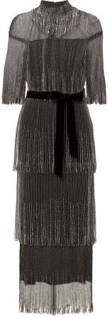 Tiered Fringed Bead-embellished Tulle Midi Dress - Black