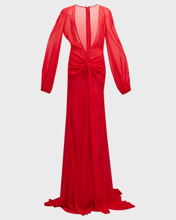MONOT Gathered Plunging Long-Sleeve Chiffon Gown | Neiman Marcus
