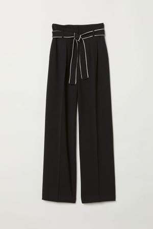 Wide-leg Pants with Tie Belt - Black