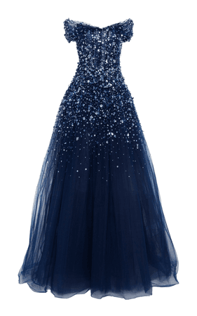 Pamella Roland Off-The-Shoulder Crystal Embellished Tulle Gown In Blue | ModeSens