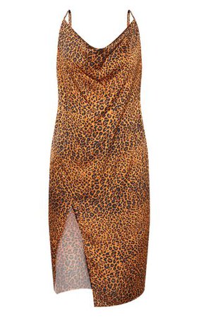 Plus Leopard Print Strappy Satin Cowl Midi Dress | PrettyLittleThing