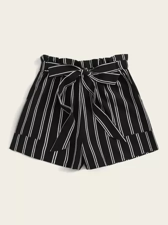 Striped Self-Tie Paperbag Shorts | SHEIN USA black