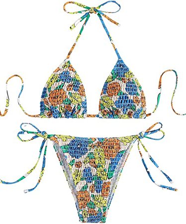 Amazon.com: SheIn Women's Floral Swimsuit Smocked Halter Top High Cut Tie Side Thong Bikini Set Bathing Suit Multicolor Large : Clothing, Shoes & Jewelry