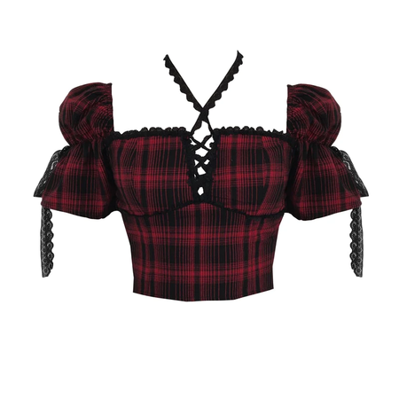 Gothic Summer Red Plaid Lace-Up Puff Sleeve Top