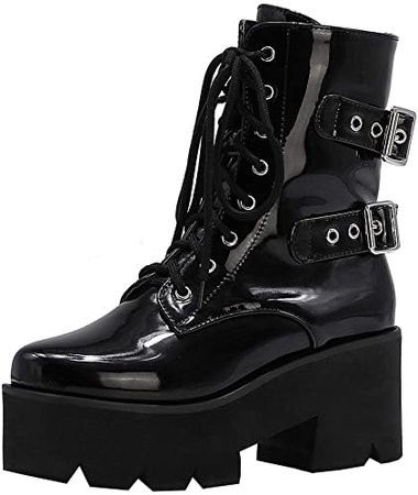 Amazon.com | Parisuit Women's Patent Leather Platform Gothic Boots with Buckle Lace Up High Chunky Heel Ankle Booties Punk Zip Shoes-Black Patent Size 4 | Ankle & Bootie