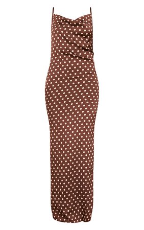 Chocolate Polka Dot Print Satin Cowl Neck Maxi Dress | PrettyLittleThing USA
