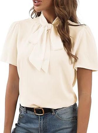 Rooscier Women's Bow Tie Knot Mock Neck Short Sleeve Elegant Workwear Blouse Shirt Top at Amazon Women’s Clothing store