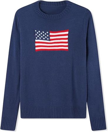 MALCIKLO Women's Y2k Vintage American Flag Sweaters Casual Long Sleeve Crew Neck Loose Fit Knit Pullover Jumper Tops at Amazon Women’s Clothing store