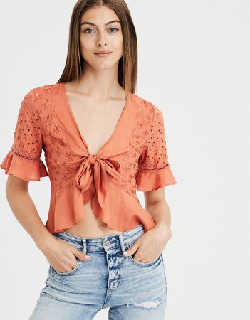 AE Embroidered Tie Front Top