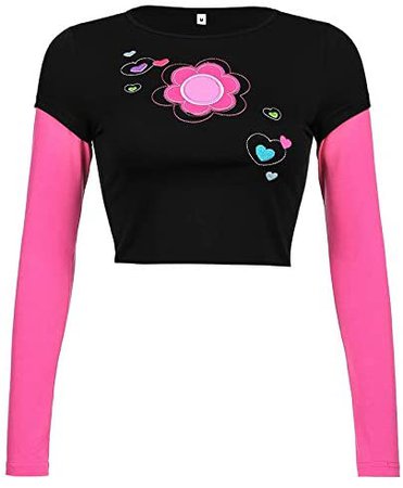 Amazon.com: Girls Womens Graphic Print Crop Top Long Sleeve Crewneck Y2K Fashion E-Girl Streetwear T-Shirts (Black, S): Clothing