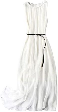 Youllyuu 100% Mulberry Silk Beach Dress Women Summer Midi Dress Crewneck Solid Sleeveless Dress White Free Size at Amazon Women’s Clothing store