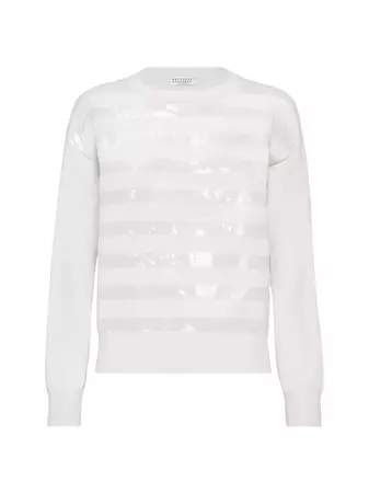 Shop Brunello Cucinelli Cashmere Sweater With Dazzling Stripe Embroidery | Saks Fifth Avenue