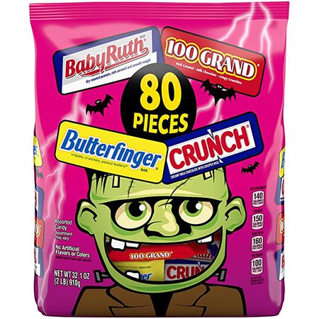 Amazon.com : Butterfinger & Co. Bulk Chocolate-y Halloween Candy Bag, Mini and Fun Size Mix of 100 Grand, Butterfinger, Crunch & Baby Ruth for Trick or Treat Bags, Individually Wrapped Candy, 80 Count (32.1 Ounces) : Grocery & Gourmet Food