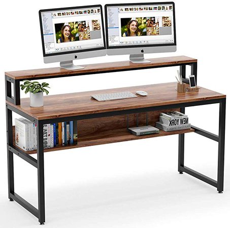 Amazon.com: Tribesigns Computer Desk with Shelves, 55 Inches Office Writing Desk with Monitor Stand Shelf, Study Workstation with Open Bookshelf for Home Office (Vintage): Kitchen & Dining