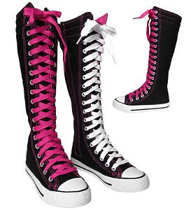 black pink and white laces knee high converse