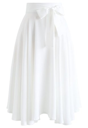 Chic Wish Flare Hem Bowknot Waist Midi Skirt in White - Retro, Indie and Unique Fashion