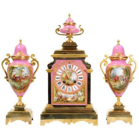 Sevres Pink Porcelain and Ormolu Antique French Clock Set Hunting Dogs and Horses For Sale at 1stdibs