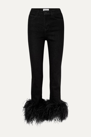 Black Feather-trimmed high-rise straight-leg jeans | 16ARLINGTON | NET-A-PORTER