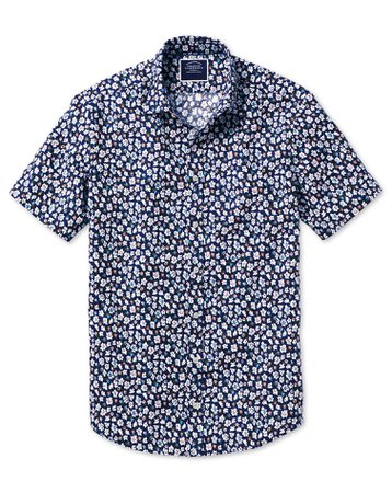 Classic fit floral print navy short sleeve linen cotton shirt | Charles Tyrwhitt