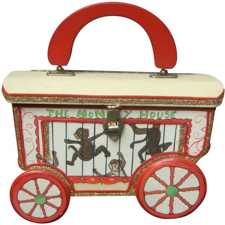 c. 1970, Whimsical Monkey Circus Theme Decoupage Bag