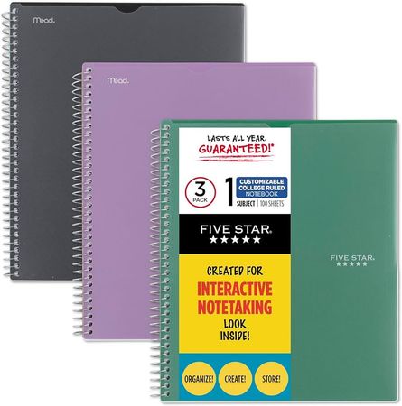 Amazon.com : Five Star Interactive Notetaking Spiral Notebooks, 3 Pack, 1 Subject, College Ruled Paper, 11" x 8-1/2", 100 Sheets, Customizable Cover, Black, Green, Purple (820041-ECM) : Office Products