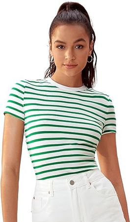 Milumia Women's Casual Striped Short Sleeve T-Shirts Crew Neck Fitted Tee Shirt Tops Green and White Small at Amazon Women’s Clothing store