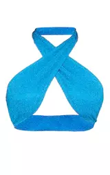 Blue Glitter Cross Front Bikini Top | PrettyLittleThing
