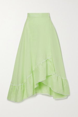 Marika Tiered Crochet-trimmed Linen Midi Skirt - Green
