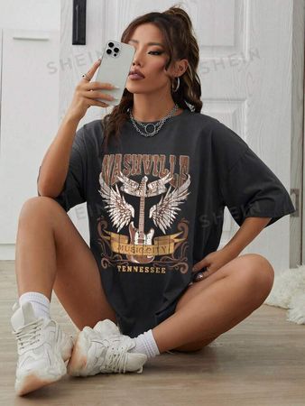 Wings And Letter Graphic Drop Shoulder Tee | SHEIN