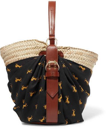 Panier Leather-trimmed Printed Twill And Woven Raffia Tote - Black