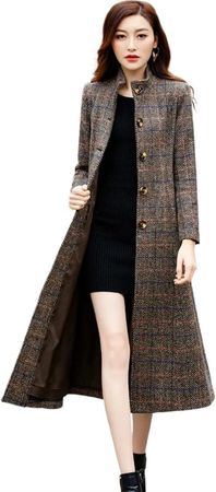 Amazon.com: ChenKongHai Brown Plaid Woolen Coat Women Classic Long Wool Outwear Female Belt Winter Jacket : Clothing, Shoes & Jewelry