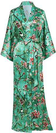 BABEYOND Floral Kimono Robe Satin Silk Wedding Robe Nightgown Sleepwear 53" Long (Plum Blossom-Green) at Amazon Women’s Clothing store