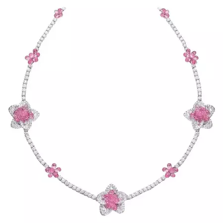Cellini 18KT Gold 37.55 Carat Pink Sapphire Briolette and Diamond Flower Necklace For Sale at 1stDibs | pink flower necklace, pink flower choker, white sapphire necklace