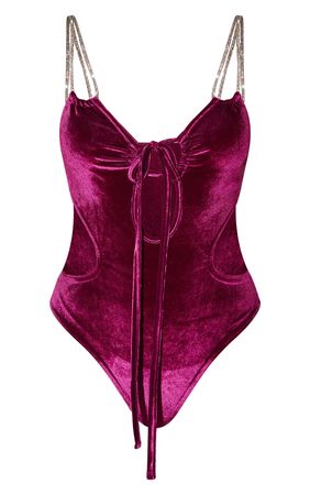 Dark Pink Velvet Diamante Trim Cut Out Bodysuit | PrettyLittleThing AUS