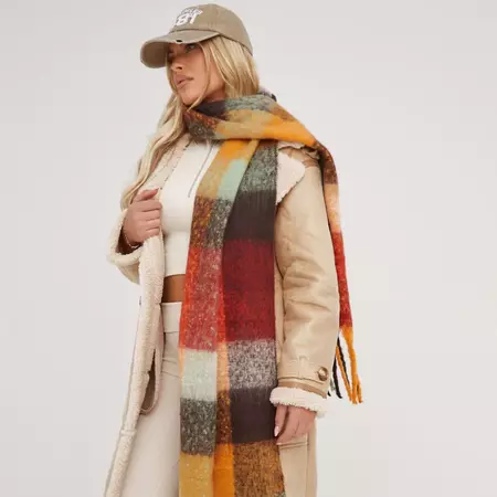 Oversized Scarf In Orange And Brown Checked Print | EGO