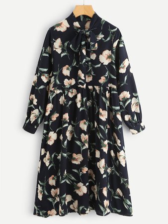 All Over Botanical Print Bow Tie Neck Dress