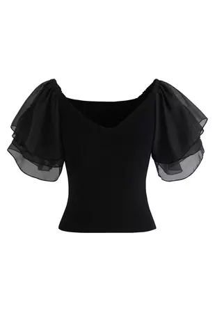 Spliced Tiered Flutter Sleeve Knit Crop Top in Black - Retro, Indie and Unique Fashion
