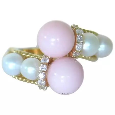 18 Karat Pink Coral Diamond Cultured Pearl Ring For Sale at 1stDibs
