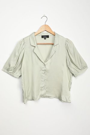 Sage Green Satin Top - Button Up Top - Silk Top - Collared Shirt