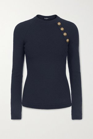 Midnight blue Button-embellished jacquard-knit sweater | Balmain | NET-A-PORTER